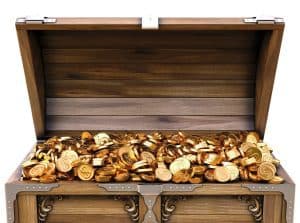 a treasure chest overflowing with gold coins, representing the concept of community property in estate planning