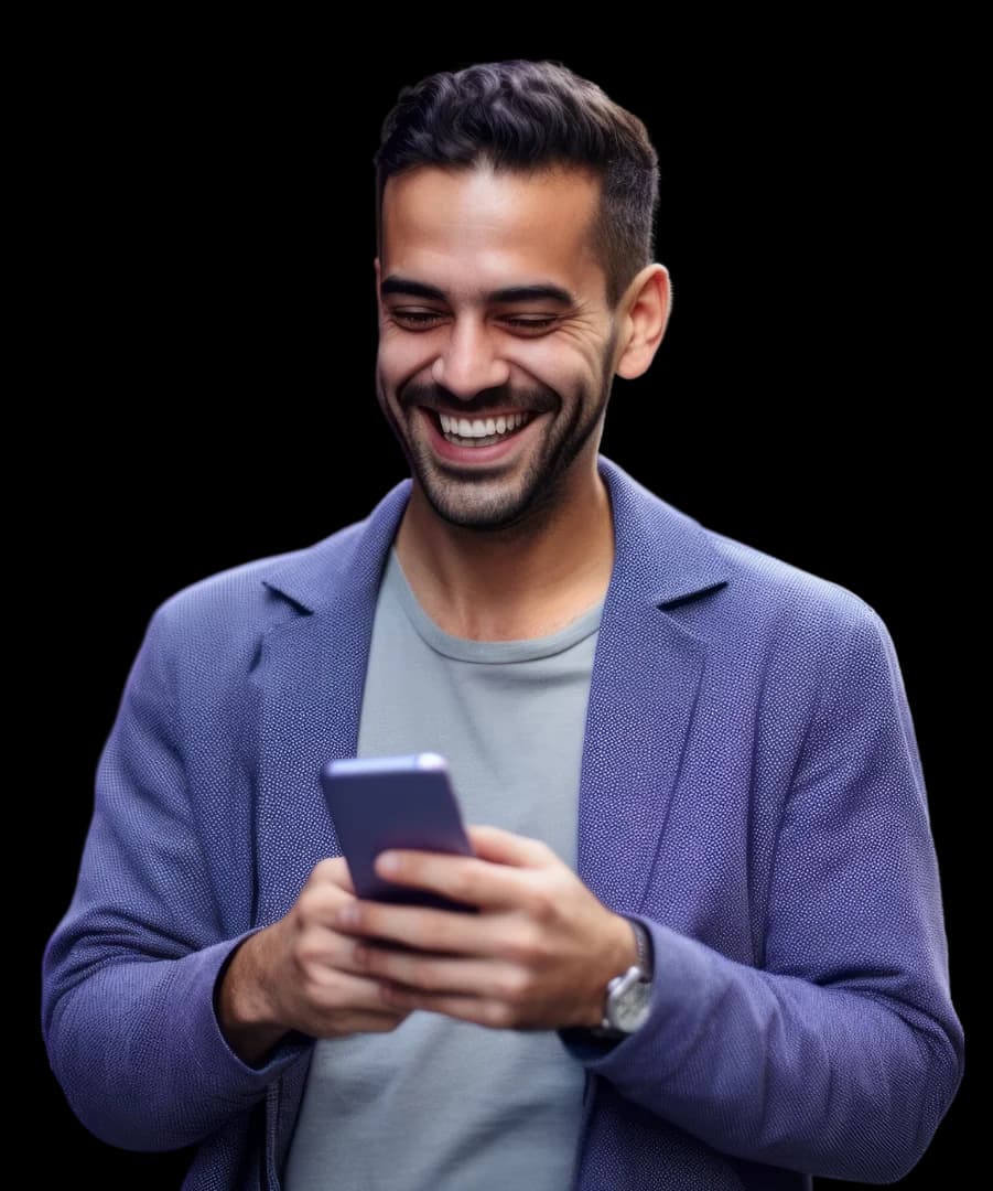 image of a man with a phone to his hand, smiling and looking relieved after calling Praxis Law for a consultation