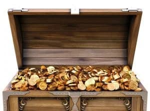 a treasure chest overflowing with gold coins, representing the concept of community property in estate planning